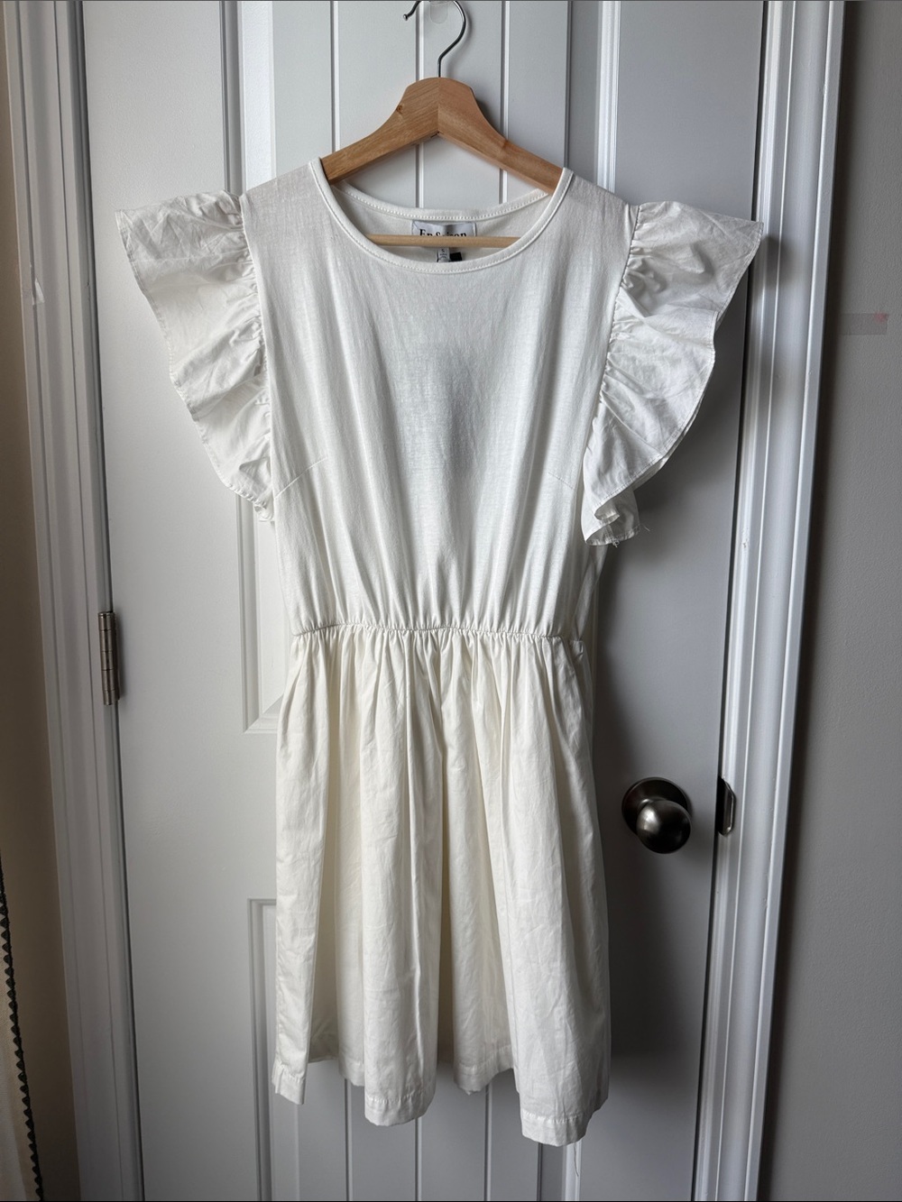 En Saison Cream Flutter Sleeve Elastic Waist Dress
